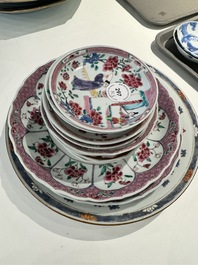 Three Chinese famille rose plates and ten saucers, Yongzheng/Qianlong