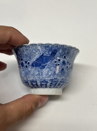 Eleven Chinese blue and white 'crab and fish' cups and saucers, Kangxi mark, Guangxu