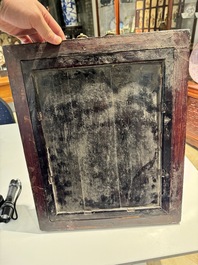 A Chinese famille rose 'eight immortals' plaque in a wooden frame, 18/19th C.
