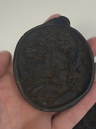 A Chinese huanghuali wooden brushpot and a melon-shaped lacquer box and cover with '18 Luohan' relief design, 19/20th C.