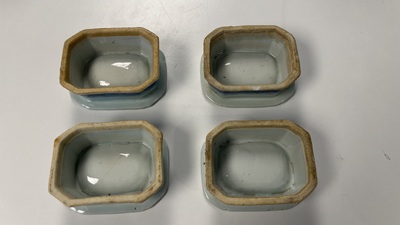 Five Chinese blue and white salts and a sprinkler with copper mounts, Kangxi/Jiaqing