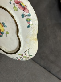 Three Chinese Canton enamel saucers and a bowl, Shangxin 赏心 mark, Yongzheng/Qianlong