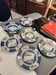 Six Chinese famille verte 'Xie Qin Fang You 攜琴訪友' plates, Kangxi