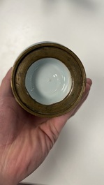 Five Chinese blue and white salts and a sprinkler with copper mounts, Kangxi/Jiaqing
