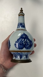 Five Chinese blue and white salts and a sprinkler with copper mounts, Kangxi/Jiaqing
