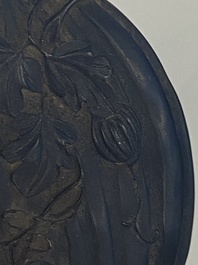 A Chinese huanghuali wooden brushpot and a melon-shaped lacquer box and cover with '18 Luohan' relief design, 19/20th C.