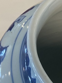A Chinese blue and white 'Jia Guan Jin Jue 加官晉爵' vase and cover, Transitional period