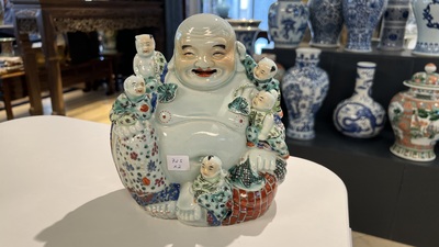 Two Chinese famille rose figures of Buddha, Zhu Mao Sheng 朱茂生 mark, 19/20th C.