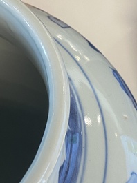 A Chinese blue and white 'Jia Guan Jin Jue 加官晉爵' vase and cover, Transitional period