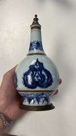 Five Chinese blue and white salts and a sprinkler with copper mounts, Kangxi/Jiaqing