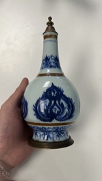 Five Chinese blue and white salts and a sprinkler with copper mounts, Kangxi/Jiaqing