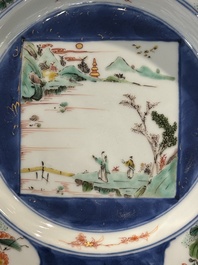 Six Chinese famille verte 'Xie Qin Fang You 攜琴訪友' plates, Kangxi