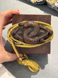A Chinese sculpted hongmu wooden 'Jiaqing Yubi Zhibao 嘉慶御筆之寶' seal, 20th C.
