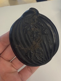 A Chinese huanghuali wooden brushpot and a melon-shaped lacquer box and cover with '18 Luohan' relief design, 19/20th C.