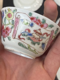 Six Chinese famille rose 'antiquities' cups and saucers, Yongzheng