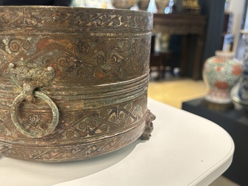 A rare Chinese archaic silver-inlaid bronze cosmetic box and cover, 'lian', Western Han