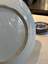 Four Chinese blue and white cups and saucers and a Chinese Imari-style shaving bowl, Kangxi Qianlong