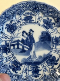 Four Chinese blue and white cups and saucers and a Chinese Imari-style shaving bowl, Kangxi Qianlong
