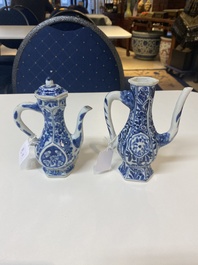 Two Chinese blue and white ewers and two teapots, Kangxi