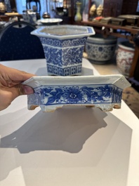Two Chinese qianjiang cai hat stands, a blue and white jardiniere on stand, a famille rose vase and a covered vase, 19/20th C.