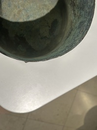 A rare Chinese archaic silver-inlaid bronze cosmetic box and cover, 'lian', Western Han