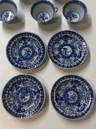 Five Chinese blue and white cups and four saucers with boys carrying a vase, Kangxi mark, Guangxu