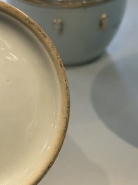 A Chinese famille rose covered bowl, a vase and a blue and white celadon-ground jar, 19/20th C.