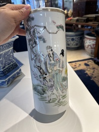 Two Chinese qianjiang cai hat stands, a blue and white jardiniere on stand, a famille rose vase and a covered vase, 19/20th C.