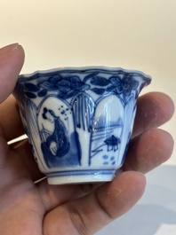 Four Chinese blue and white cups and saucers and a Chinese Imari-style shaving bowl, Kangxi Qianlong
