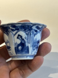 Four Chinese blue and white cups and saucers and a Chinese Imari-style shaving bowl, Kangxi Qianlong