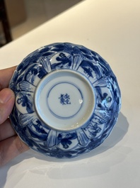 Four Chinese blue and white cups and saucers and a Chinese Imari-style shaving bowl, Kangxi Qianlong