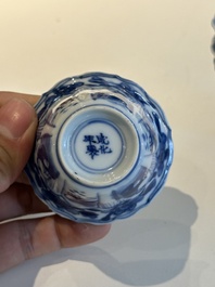 Four Chinese blue and white cups and saucers and a Chinese Imari-style shaving bowl, Kangxi Qianlong