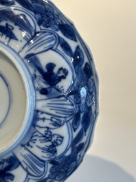 Four Chinese blue and white cups and saucers and a Chinese Imari-style shaving bowl, Kangxi Qianlong