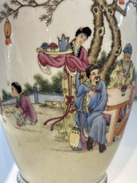 A Chinese famille rose covered bowl, a vase and a blue and white celadon-ground jar, 19/20th C.