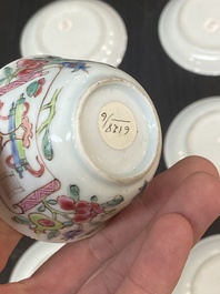 Six Chinese famille rose 'antiquities' cups and saucers, Yongzheng