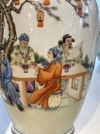 A Chinese famille rose covered bowl, a vase and a blue and white celadon-ground jar, 19/20th C.