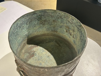 A rare Chinese archaic silver-inlaid bronze cosmetic box and cover, 'lian', Western Han