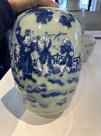A Chinese famille rose covered bowl, a vase and a blue and white celadon-ground jar, 19/20th C.