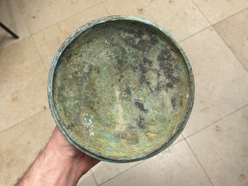 A rare Chinese archaic silver-inlaid bronze cosmetic box and cover, 'lian', Western Han