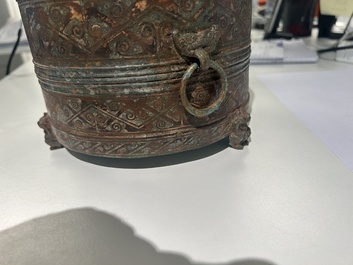A rare Chinese archaic silver-inlaid bronze cosmetic box and cover, 'lian', Western Han