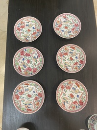 Six Chinese famille rose 'antiquities' cups and saucers, Yongzheng