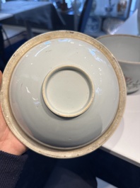 A Chinese famille rose covered bowl, a vase and a blue and white celadon-ground jar, 19/20th C.