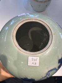 A Chinese famille rose covered bowl, a vase and a blue and white celadon-ground jar, 19/20th C.