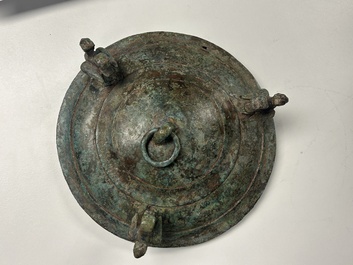 A rare Chinese archaic silver-inlaid bronze cosmetic box and cover, 'lian', Western Han