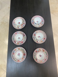 Six Chinese famille rose 'antiquities' cups and saucers, Yongzheng