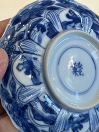 Four Chinese blue and white cups and saucers and a Chinese Imari-style shaving bowl, Kangxi Qianlong