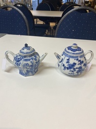 Two Chinese blue and white ewers and two teapots, Kangxi