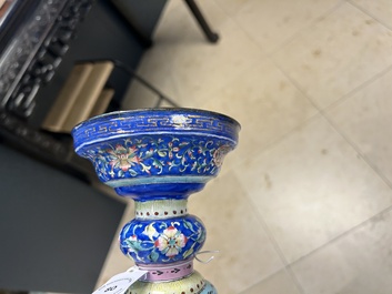 A large Chinese Canton enamel blue-ground 'shou' candlestick, Qianlong/Jiaqing