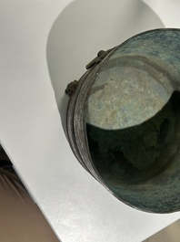 A rare Chinese archaic silver-inlaid bronze cosmetic box and cover, 'lian', Western Han