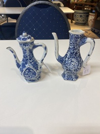 Two Chinese blue and white ewers and two teapots, Kangxi